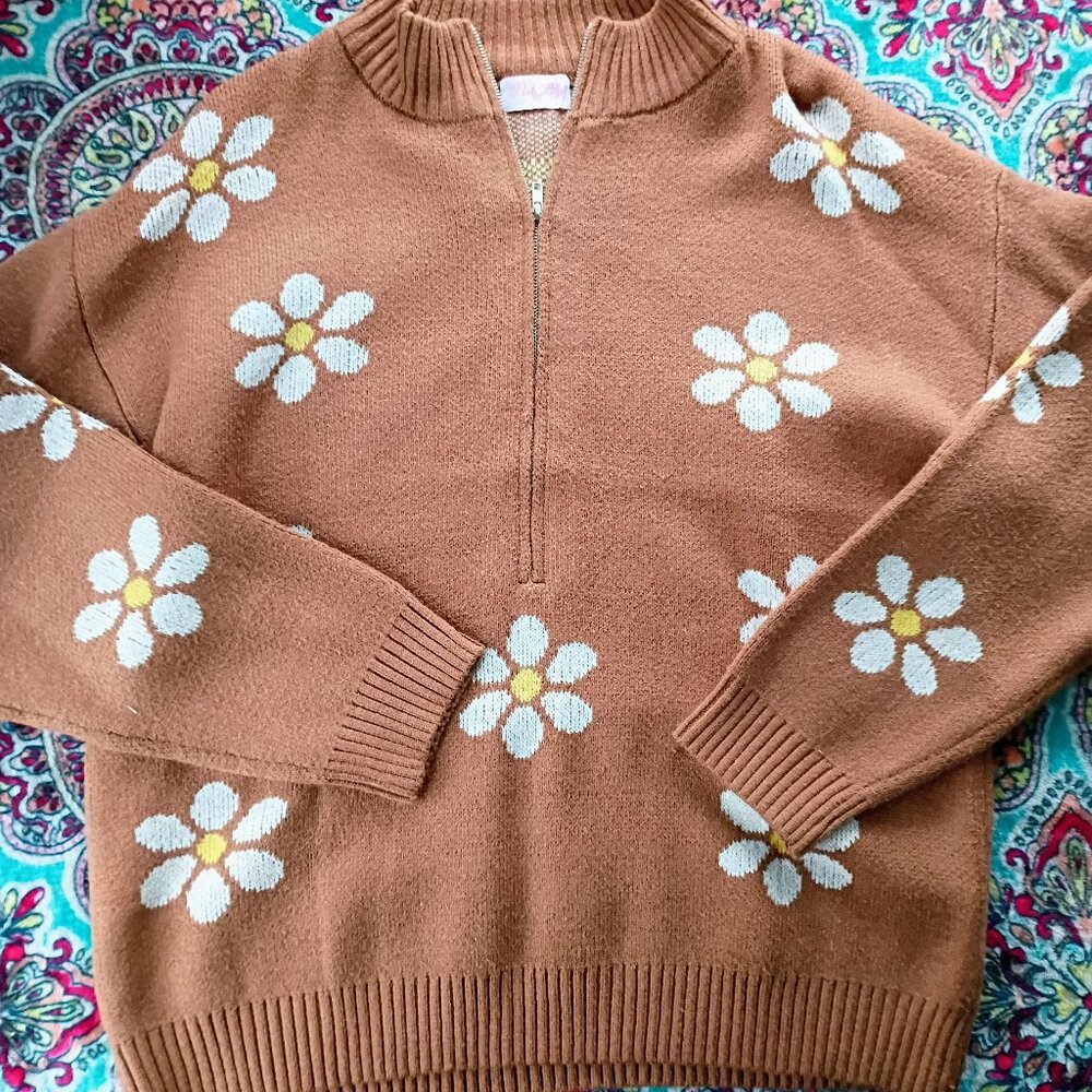 NWOT Pink Lily Brown Daisy Quarter Zip Size Small